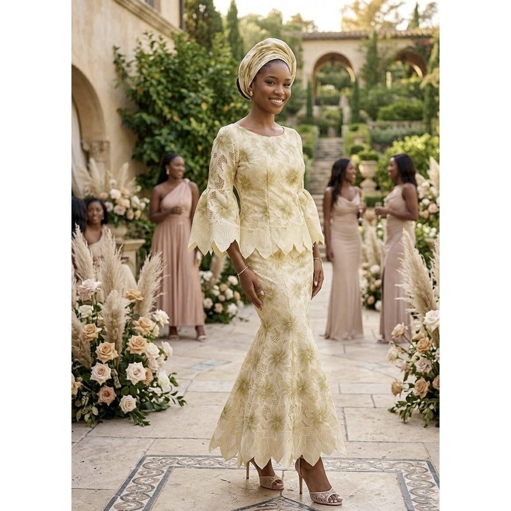 VTG Nigerian 3pc Lace Iro and Buba Set | Gold Swiss Voile Lace w Gele Headwrap